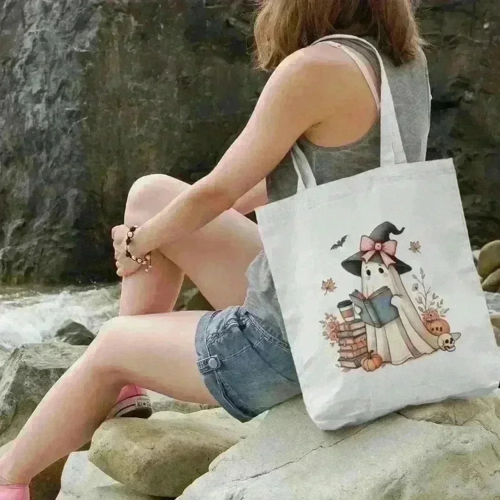 Pink girl ghost reading a book recycled tote bag - Picture 3 of 3